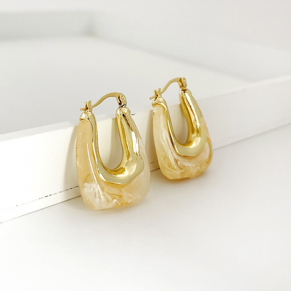 Beige U-Shape Geometric Acrylic and Zinc Alloy Drop Earrings 18K Gold Plated