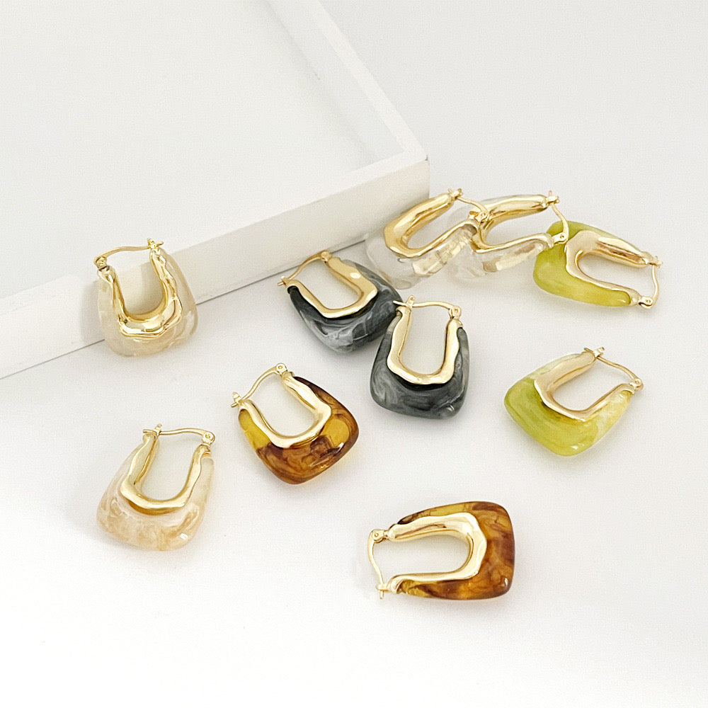 Beige U-Shape Geometric Acrylic and Zinc Alloy Drop Earrings 18K Gold Plated