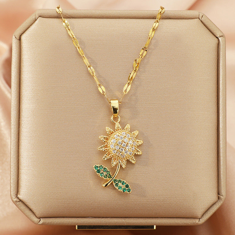 Rotating Zircon Sunflower 18K Gold Plated Stainless Steel Necklace