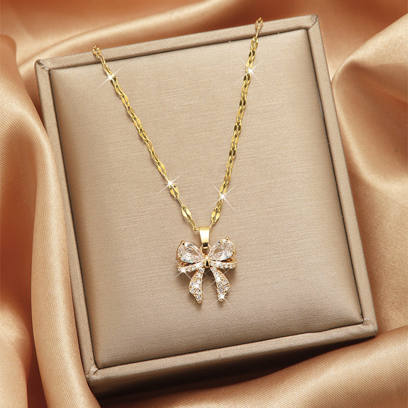 Crystal White Bow 18K Gold Plated Necklace