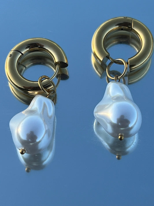 18K Gold Plated Stainless Steel Pearl Pendant Earrings