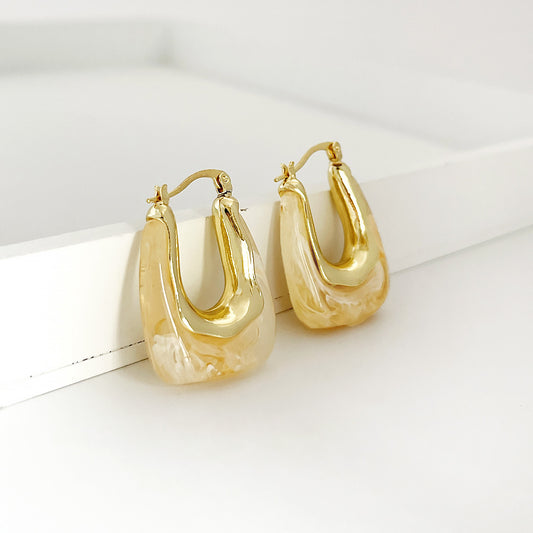 Beige U-Shape Geometric Acrylic and Zinc Alloy Drop Earrings 18K Gold Plated